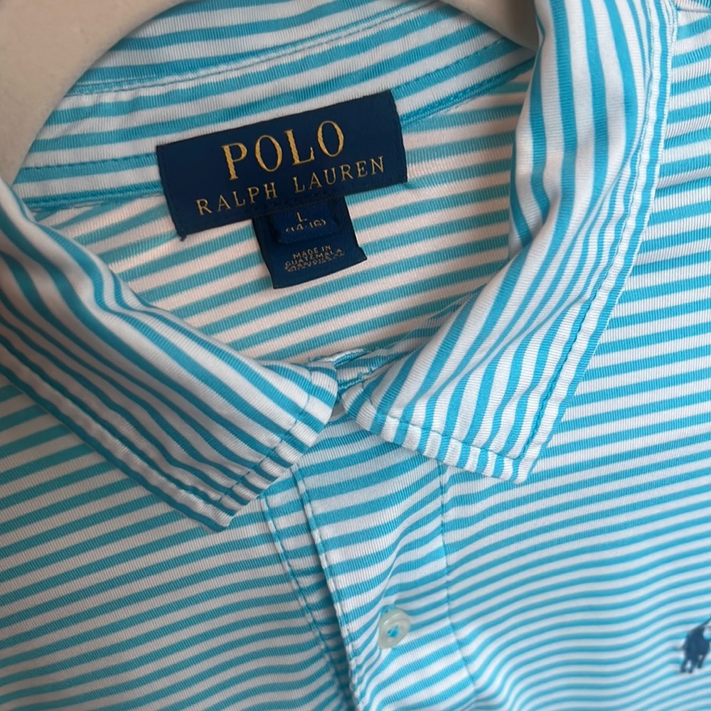 Boys Polo Shirt, Aqua and White Stripe, Size Large (14-16)